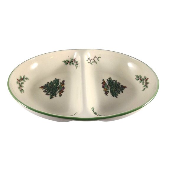Vintage Spode Christmas Tree Divided Oval Dish 11.5" Porcelain Holiday Serveware - Picture 1 of 8